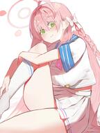 ahoge artist:abe-napori character:hanako_(blue_archive) green_eyes hair_bow hair_braid halo in-series_category:make-up_work_club in-series_category:trinity_general_school long_hair pink_hair series:blue_archive // 1200x1600 // 167KB