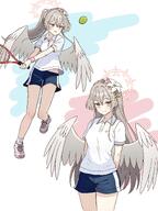 alternate_outfit artist:gosyamadaiji body_wings brown_eyes brown_hair character:nagisa_(blue_archive) feathered_wings hair_accessories hair_braid halo in-series_category:tea_party in-series_category:trinity_general_school long_hair ponytail series:blue_archive short_shorts sports_wear // 3000x4000 // 840KB