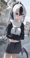 alternate_outfit artist:smong7767 beauty_mark black_hair body_wings casual_clothes character:kayoko_(blue_archive) demon_horns demon_wings ear_piercings halo horns in-series_category:gehenna_academy in-series_category:problem_solver_68 midriff ponytail red_eyes series:blue_archive short_hair two-tone_hair white_hair // 943x1791 // 197KB