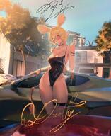 alternate_outfit animal_ears artist:gandy3e46 blonde_hair character:dorothy_(arknights) dress high-cut_leotard in-series_category:columbia in-series_category:rhine_lab in-series_category:zalak leotard long_hair series:arknights sunglasses yellow_eyes // 1636x2000 // 542KB