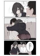 artist:hakkinpt001 black_hair comic hair_covering_eye japanese_text red_eyes series:original short_hair straddling sweater // 2177x3031 // 423KB