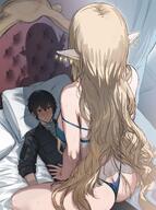 artist:hews blonde_hair character:fleurdelys_(wuthering_waves) character:rover_(male)_(wuthering_waves) cowgirl_position female_on_top giantess horns lingerie pointed_ears series:wuthering_waves // 1487x2000 // 400KB