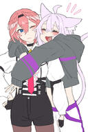 animal_ears artist:karakarashin bird_girl blue_eyes cat_ears cat_girl cat_tail character:nekomata_okayu character:takane_lui head_wings hugging_from_behind in-series_category:gamers in-series_category:hololive_japan in-series_category:holox midriff pink_hair purple_hair series:hololive short_hair tail // 1566x2346 // 1.3MB