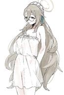 artist:kawatiw brown_eyes brown_hair character:akane_(blue_archive) flushed_face glasses halo in-series_category:cleaning_&_clearing in-series_category:millenium_science_school long_hair meta:source_deprecated negligee nipples_visible_through_clothing series:blue_archive // 1384x2048 // 264KB
