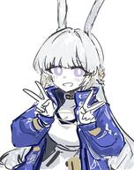 animal_ears artist:grape character:surfer_(arknights) double_v in-series_category:blacksteel_worldwide in-series_category:columbia in-series_category:zalak long_hair purple_eyes series:arknights v white_hair // 429x542 // 44KB