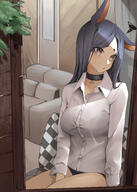 animal_ears artist:SaMA beauty_mark black_hair brown_eyes character:dobermann_(arknights) dog_ears dog_girl in-series_category:bolivar in-series_category:perro lingerie long_hair series:arknights shirt_only // 4280x6000 // 6.1MB