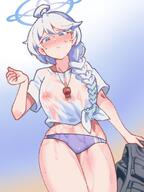 artist:sksk_sou character:kirino_(blue_archive) character:kirino_(swimsuit)_(blue_archive) flushed_face halo in-series_category:public_safety_bureau in-series_category:valkyrie_police_school series:blue_archive swimsuit wet_shirt // 1050x1400 // 165KB