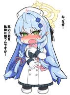 artist:mukae_gou blue_hair character:mine_(blue_archive) chibi flushed_face green_eyes hair_accessories hair_bow hair_braid halo in-series_category:remedial_knights in-series_category:trinity_general_school japanese_text long_hair nurse pointed_ears series:blue_archive // 3829x5136 // 4.3MB