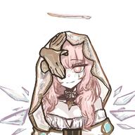 artist:grape body_wings character:lemuen_(arknights) character:lemuen_(requiem_vesperis)_(arknights) hair_accessories halo in-series_category:laterano in-series_category:sankta long_hair pink_hair series:arknights veil // 972x972 // 117KB