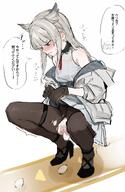 anger_vein artist:death_unagi bird_girl blonde_hair blue_eyes character:perlica egg egg_laying flushed_face head_wings in-series_category:liberi japanese_text long_hair pubic_hair series:arknights series:arknights:_endfield skirt_lift // 2639x4068 // 989KB