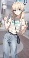 alternate_outfit artist:smong7767 blonde_hair blue_eyes casual_clothes character:toki_(blue_archive) double_v english_text hair_braid in-series_category:cleaning_&_clearing in-series_category:millenium_science_school in-series_category:super_phenomenon_task_force long_hair midriff pants series:blue_archive v // 743x1486 // 154KB