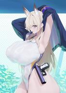 animal_ears armpit artist:megumi740 blonde_hair blue_eyes character:kanna_(blue_archive) character:kanna_(swimsuit)_(blue_archive) dog_ears dog_girl hair_covering_eye halo in-series_category:public_peace_bureau in-series_category:valkyrie_police_school long_hair nipples_visible_through_clothing series:blue_archive sharp_teeth swimsuit // 1000x1401 // 183KB