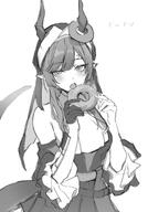artist:death_unagi character:xaihi demon_horns flushed_face horns in-series_category:sarkaz japanese_text long_hair monochrome nun pointed_ears series:arknights series:arknights:_endfield tail teasing // 1397x1999 // 250KB