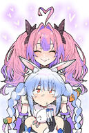animal_ears artist:kenzen_ahemaru blue_hair character:kikirara_vivi character:usada_pekora hair_bow in-series_category:dev_is in-series_category:flow_glow in-series_category:generation_3 in-series_category:hololive_japan orange_eyes pink_hair purple_hair rabbit_ears rabbit_girl series:hololive twin_tails two-tone_hair // 1213x1800 // 1.5MB