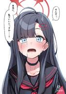 artist:tachibana_kabosu black_hair body_wings character:ichika_(blue_archive) character:sensei_(blue_archive) feathered_wings flushed_face grey_eyes halo in-series_category:justice_task_force in-series_category:trinity_general_school japanese_text long_hair pov series:blue_archive tears // 1451x2048 // 281KB