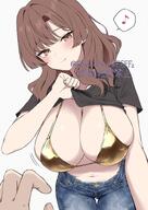 artist:yamano_rokamizu brown_eyes brown_hair flushed_face golden_bikini pants pov pulling_up_shirt series:original // 1061x1500 // 194KB