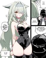animal_ears artist:oqawmet cat_ears cat_girl character:doctor_(arknights) character:kal'tsit_(arknights) character:kal'tsit_esperanta_(arknights) comic green_eyes hair_covering_eye in-series_category:feline in-series_category:rhodes_island japanese_text leotard long_hair series:arknights white_hair // 1200x1500 // 852KB