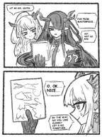 artist:thiccborb character:dusk_(arknights) character:nian_(arknights) comic dragon_horns english_text hair_covering_eye horns in-series_category:feranmut in-series_category:sui_siblings in-series_category:yan long_hair monochrome pointed_ears ponytail series:arknights // 1200x1600 // 1.2MB