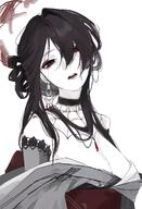 artist:kawatiw black_hair character:kokuriko_(blue_archive) dress eye_liner hair_accessories hair_bun hair_covering_eye halo in-series_category:allied_hyakkiyako_academy in-series_category:nature's_beauty_club kimono lipstick long_hair low-cut_dress red_eyes series:blue_archive // 1366x2000 // 288KB