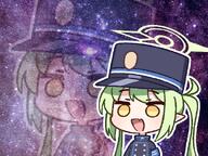 artist:nako775 character:nozomi_(blue_archive) chibi green_hair halo in-series_category:central_control_center in-series_category:highlander_railroad_academy long_hair pointed_ears series:blue_archive twin_tails yellow_eyes // 600x450 // 592KB