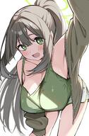 alternate_outfit artist:mizumo_k1 brown_hair character:nonomi_(blue_archive) dolphin_shorts green_eyes halo in-series_category:abydos_high_school in-series_category:foreclosure_task_force long_hair ponytail pov series:blue_archive sweaty // 2300x3500 // 640KB