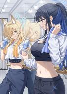 alternate_outfit animal_ears artist:simoumi blonde_hair blue_eyes character:kanna_(blue_archive) character:saori_(blue_archive) dog_ears dog_girl hair_covering_eye halo in-series_category:arius_satellite_school in-series_category:arius_squad in-series_category:public_peace_bureau in-series_category:valkyrie_police_school long_hair midriff ponytail series:blue_archive sharp_teeth sports_wear two-tone_hair // 2823x4000 // 816KB