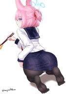 animal_ears artist:threeboon blue_eyes character:niko_(blue_archive) fox_ears fox_girl hair_bow halo in-series_category:fox_squad in-series_category:SRT_special_academy pink_hair ponytail series:blue_archive short_hair teasing // 1716x2443 // 1.6MB