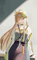 artist:firesnakes beauty_mark blonde_hair brown_eyes character:muelsyse_(arknights) elf in-series_category:columbia long_hair pointed_ears series:arknights // 1250x2000 // 437KB
