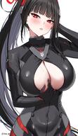 artist:deras black_hair bodysuit character:rio_(battle)_(blue_archive) character:rio_(blue_archive) flushed_face halo in-series_category:millenium_science_school in-series_category:seminar long_hair mechanical_halo ponytail red_eyes series:blue_archive sweaty // 1200x2073 // 288KB