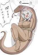 artist:nagomu bondage character:mirai_(blue_archive) flushed_face hair_accessories halo in-series_category:millenium_science_school in-series_category:pseudoscience_department japanese_text purple_eyes series:blue_archive short_hair teasing white_hair // 1423x2048 // 240KB
