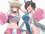 alternate_outfit artist:uof bird_girl black_hair blonde_hair blue_eyes character:ch'en_qianyu character:perlica cheerleader dragon_girl dragon_horns dragon_tail flushed_face head_wings high-cut_leotard horns in-series_category:liberi in-series_category:lung leotard long_hair midriff ponytail series:arknights series:arknights:_endfield tail twin_tails // 2000x1506 // 445KB