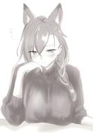 alternate_outfit animal_ears artist:mameppu beauty_mark character:penance_(arknights) flushed_face in-series_category:lupo in-series_category:siracusa monochrome series:arknights sweater wolf_ears wolf_girl // 2821x4052 // 451KB