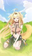 animal_ears artist:h2b blonde_hair blue_eyes character:brigid_(arknights) dog_ears dog_girl dog_tail in-series_category:perro in-series_category:tara long_hair midriff series:arknights tail // 1365x2369 // 295KB