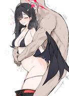 artist:uundayo black_hair body_wings character:ichika_(blue_archive) character:ichika_(swimsuit)_(blue_archive) character:sensei_(blue_archive) closed_eyes feathered_wings flushed_face halo in-series_category:justice_task_force in-series_category:trinity_general_school long_hair series:blue_archive sex_from_behind short_shorts standing_sex steaming_body sweaty swimsuit // 2491x3502 // 635KB