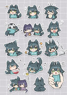 animal_ears artist:sasaki beauty_mark cat_ears cat_girl cat_tail character:hataya_misuzu_(gakuen_idolmaster) character:tsukimura_temari_(gakuen_idolmaster) chibi green_eyes green_hair hair_accessories hair_braid japanese_text long_hair purple_hair series:gakuen_idolmaster series:idolmaster shirt_only short_hair tail wolf_ears wolf_girl wolf_tail // 1003x1416 // 1.1MB