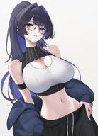 alternate_outfit artist:mintz912 blue_eyes blue_hair character:ouro_kronii glasses halo in-series_category:council in-series_category:hololive_english in-series_category:promise long_hair mechanical_halo midriff pants ponytail series:hololive sports_wear // 2100x2915 // 371KB