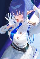 artist:suujiniku beauty_mark blue_eyes character:aoi_(blue_archive) ear_piercings elf flushed_face in-series_category:general_student_council pointed_ears purple_hair series:blue_archive short_hair teasing // 1650x2400 // 636KB