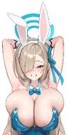 armpit artist:hyurumari beauty_mark blonde_hair blue_eyes bunny_suit character:asuna_(blue_archive) character:asuna_(bunny)_(blue_archive) flushed_face hair_covering_eye halo in-series_category:cleaning_&_clearing in-series_category:millenium_science_school leotard long_hair rabbit_ears series:blue_archive // 570x1144 // 367KB