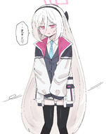 artist:rea_dome character:key_(blue_archive) flushed_face hair_bow hair_down_the_middle halo in-series_category:game_development_department in-series_category:millenium_science_school japanese_text long_hair pink_eyes series:blue_archive white_hair // 1754x2235 // 784KB