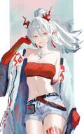 artist:firesnakes character:nian_(arknights) dragon_horns horns in-series_category:feranmut in-series_category:sui_siblings in-series_category:yan long_hair midriff pointed_ears ponytail purple_eyes series:arknights short_shorts white_hair // 750x1200 // 107KB