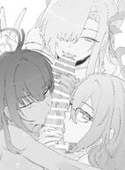 artist:pochin beauty_mark brown_skin character:akane_(blue_archive) character:asuna_(blue_archive) character:karin_(blue_archive) character:sensei_(blue_archive) fellatio glasses hair_covering_eye halo in-series_category:cleaning_&_clearing in-series_category:millenium_science_school long_hair monochrome multiple_girls pov series:blue_archive v // 4442x6015 // 2.4MB