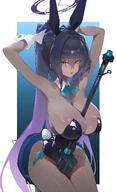armpit artist:doksyuri brown_skin character:karin_(blue_archive) character:karin_(bunny)_(blue_archive) fishnet_leggings halo in-series_category:cleaning_&_clearing in-series_category:millenium_science_school long_hair ponytail purple_hair rabbit_tail series:blue_archive yellow_eyes // 2326x3837 // 4.5MB