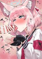 animal_ears artist:takutaku blue_eyes character:niko_(blue_archive) fellatio flushed_face fox_ears fox_girl halo in-series_category:fox_squad in-series_category:SRT_special_academy japanese_text pink_hair ponytail saliva_string series:blue_archive short_hair steaming_body sweaty // 2400x3400 // 11MB