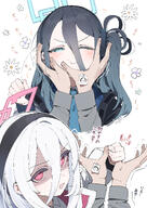 artist:maton blue_eyes blue_hair character:aris_(blue_archive) character:key_(blue_archive) character:sensei_(blue_archive) comic hair_down_the_middle halo in-series_category:game_development_department in-series_category:millenium_science_school japanese_text long_hair pink_eyes pov series:blue_archive shadow_over_eyes side_ponytail white_hair // 2894x4093 // 4.4MB