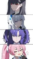 artist:reia black_hair character:koyuki_(blue_archive) character:noa_(blue_archive) character:rio_(blue_archive) character:yuuka_(blue_archive) halo in-series_category:millenium_science_school in-series_category:seminar long_hair mechanical_halo pink_eyes pink_hair purple_eyes purple_hair red_eyes series:blue_archive smug_face sweater twin_tails white_hair // 1140x2048 // 274KB