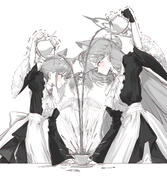 alternate_outfit animal_ears artist:eshi_neko character:doodle_sensei_(blue_archive) character:sensei_(blue_archive) character:shiroko_(blue_archive) character:shiroko_terror_(blue_archive) hair_braid hair_bun halo heterochromia in-series_category:abydos_high_school in-series_category:foreclosure_task_force long_hair maid monochrome ponytail series:blue_archive short_hair wolf_ears wolf_girl // 2737x3148 // 2.6MB