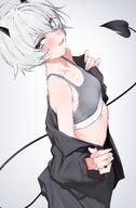 artist:isocha character:erika_(blue_archive) demon_horns flushed_face grey_eyes gyaru halo horns in-series_category:gehenna_academy in-series_category:twinkle_twinkle_club lingerie ribs series:blue_archive short_hair tail teasing white_hair // 2681x4093 // 6.0MB