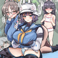 artist:shiming_liangjing black_hair blue_eyes brown_eyes brown_hair character:miyu_(blue_archive) character:moe_(blue_archive) character:saki_(blue_archive) flushed_face glasses halo helmet in-series_category:rabbit_squad in-series_category:SRT_special_academy japanese_text lingerie purple_hair red_eyes series:blue_archive shadow_over_eyes short_hair sweater tears twin_tails // 1200x1200 // 1.5MB