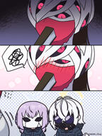 artist:sanmon body_wings character:azusa_(blue_archive) character:beatrice_(blue_archive) chibi comic face_mask feathered_wings flushed_face gas_mask hair_accessories halo in-series_category:gematria in-series_category:make-up_work_club in-series_category:trinity_general_school purple_hair red_skin series:blue_archive short_hair twin_tails white_hair // 960x1280 // 1.0MB