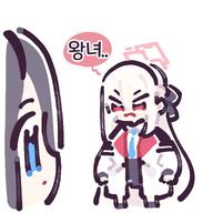 artist:ranaga210 black_hair blue_eyes character:aris_(blue_archive) character:key_(blue_archive) hair_bow hair_down_the_middle halo in-series_category:game_development_department in-series_category:millenium_science_school korean_text long_hair pink_eyes series:blue_archive white_hair // 945x945 // 106KB